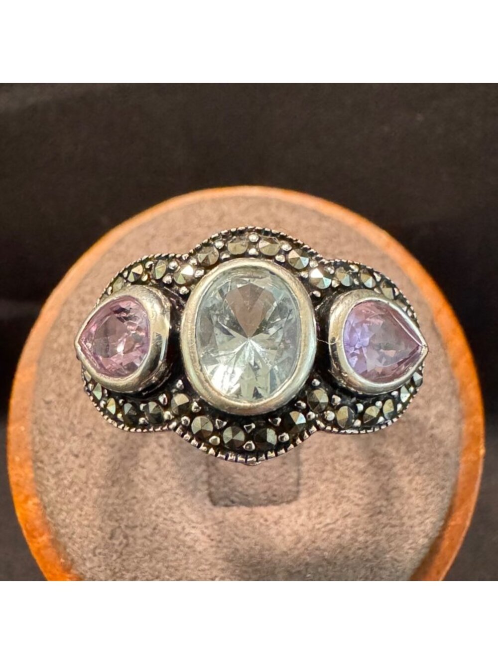 Sterling Silver 925 Blue & Pink Gemstone Marcasite Accents Ring Size 10.75